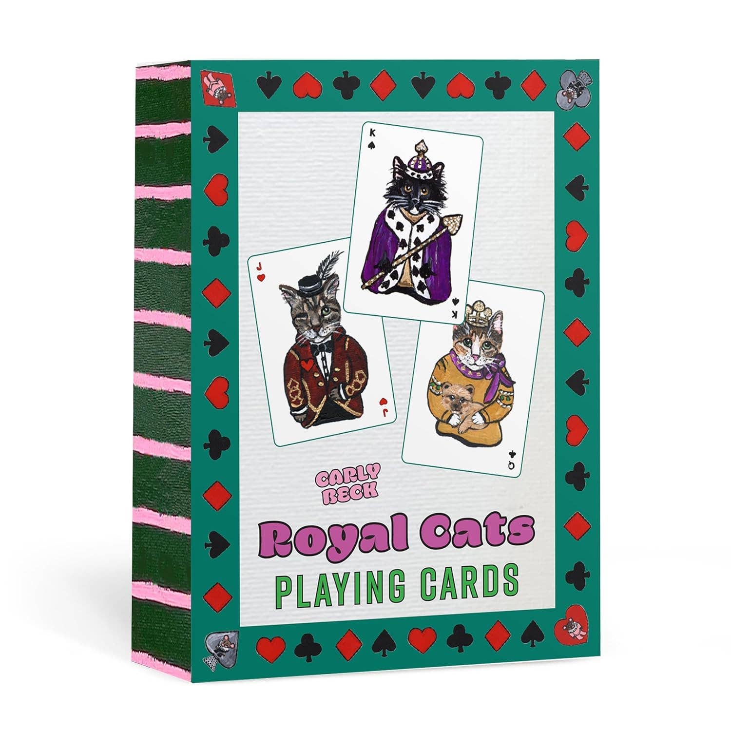Playing card set packaging with cat illustrations and colorful border
