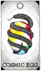 Illustration of a snake coiled around a rainbow-colored egg with 'Cosmic Egg' text at the bottom.