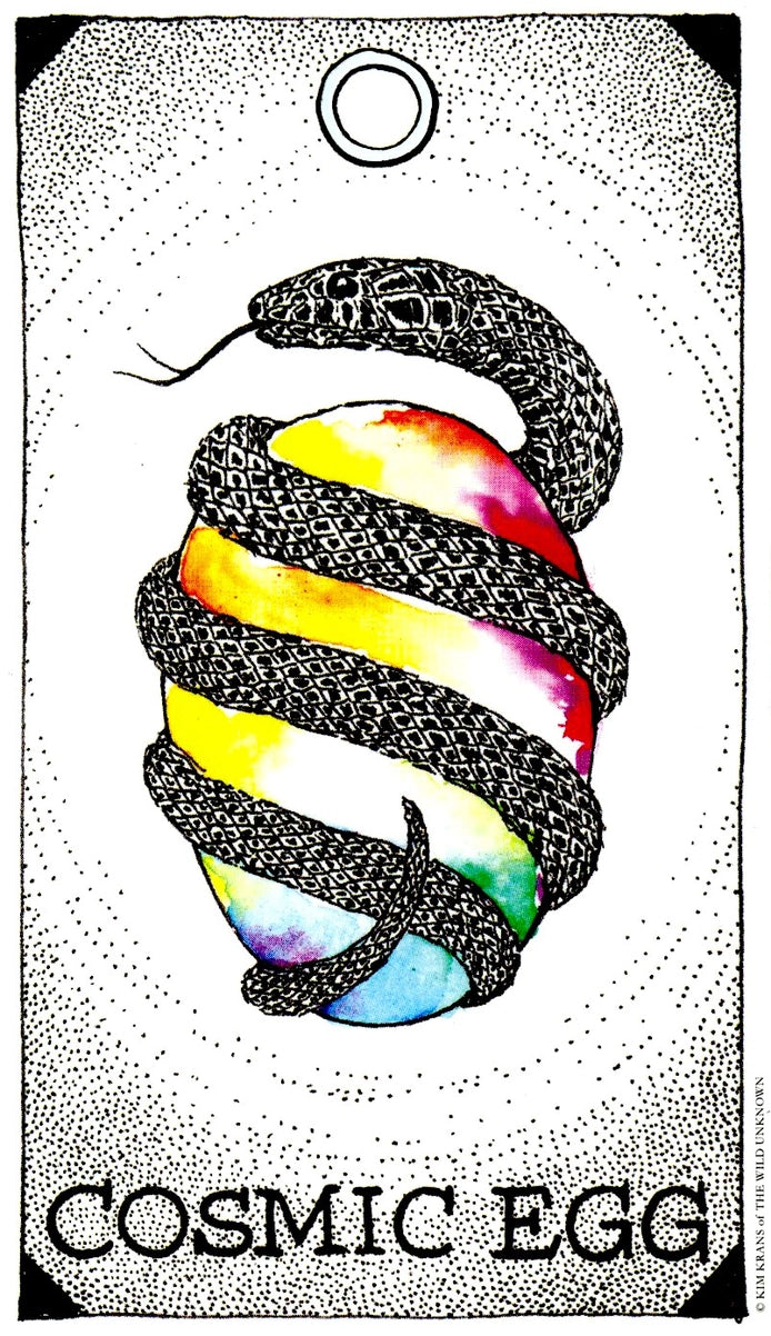 Illustration of a snake coiled around a rainbow-colored egg with 'Cosmic Egg' text at the bottom.