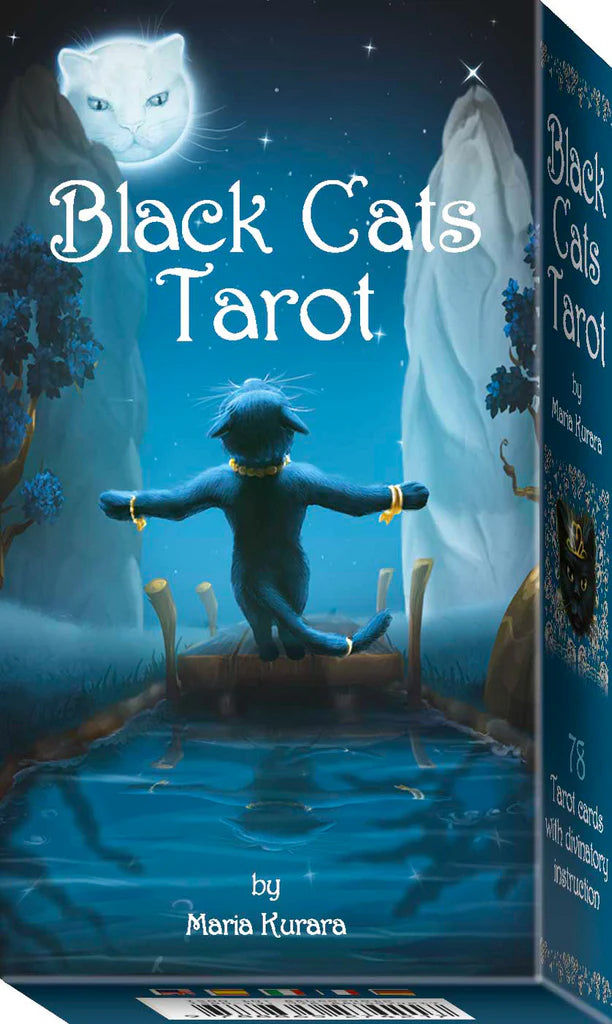Black Cats Tarot card box with a blue cat and white cat illustration on a blue background