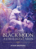 Book cover of 'Black Moon Astrology Cards' by Susan Sheppard with celestial design.