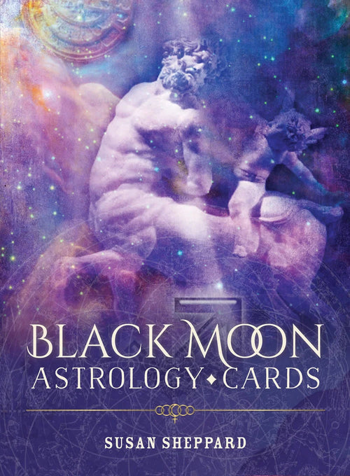 Book cover of 'Black Moon Astrology Cards' by Susan Sheppard with celestial design.