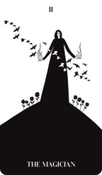 Black and white illustration of 'The Magician' tarot card with a figure, cards, and flowers.
