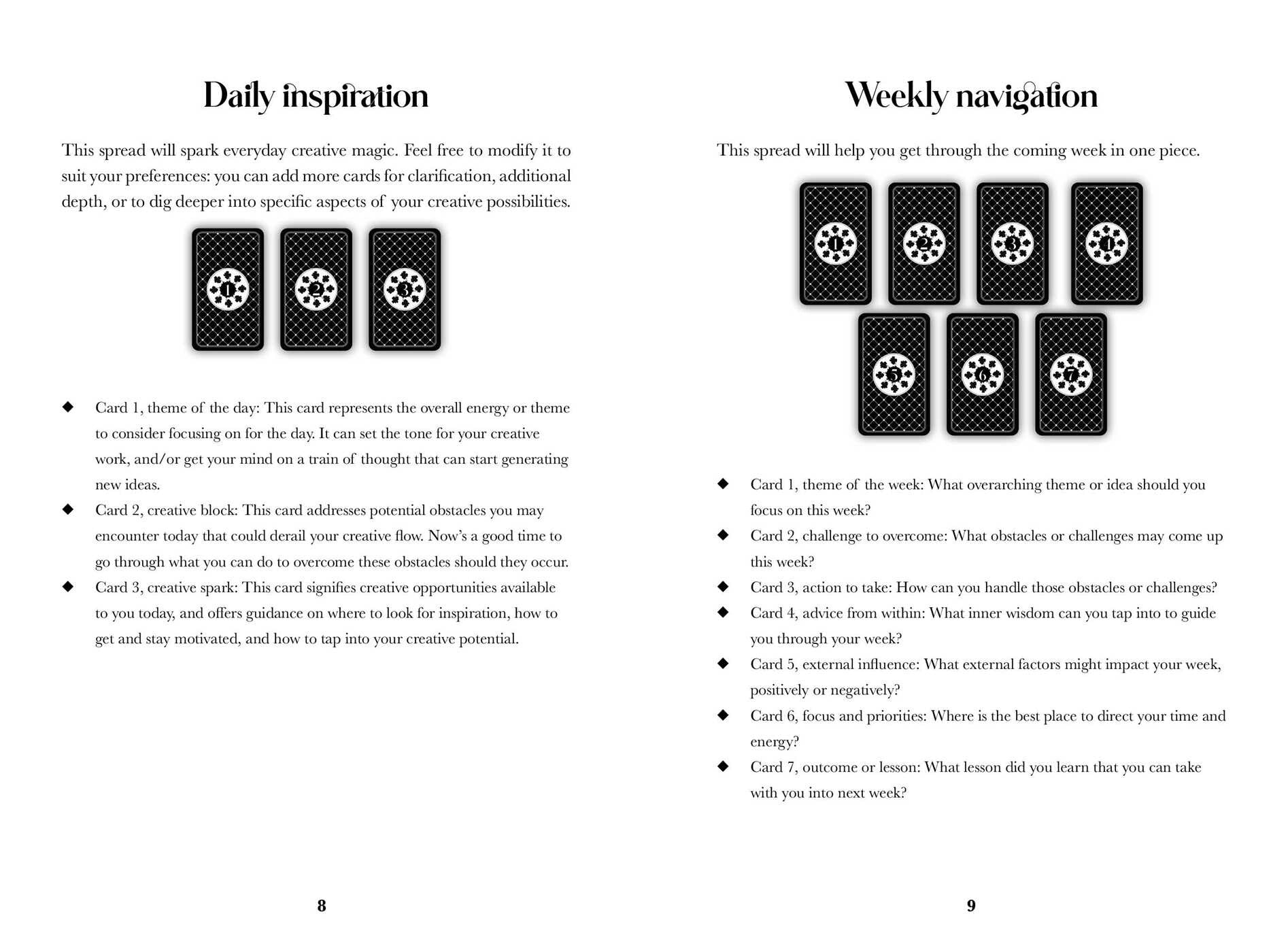 Pages from a book or guide with tarot card illustrations and text on daily inspiration and weekly navigation.