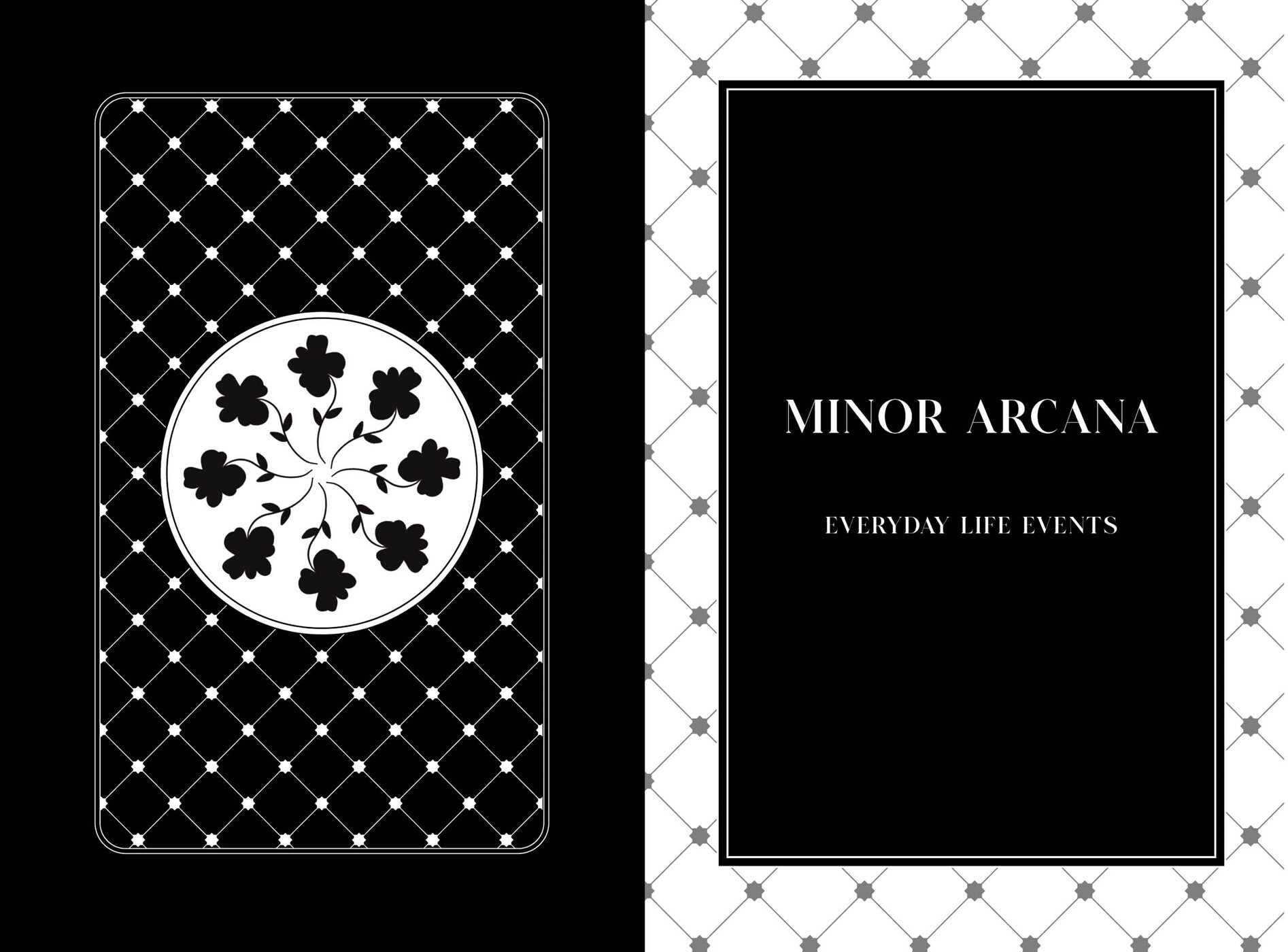 Card with floral design and text 'Minor Arcana Everyday Life Events' on a black and white checkered background