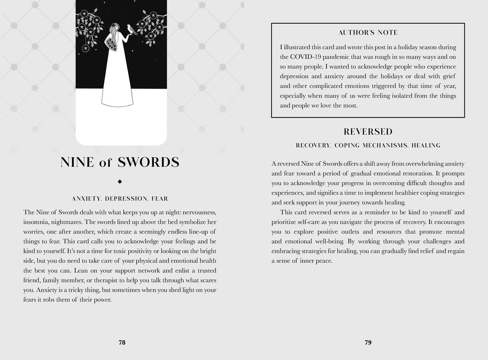 Page from a book or magazine featuring a card illustration with text about Nine of Swords from a tarot deck.