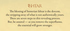 A square print or card with a warm beige background featuring the title 'ISHTAR' in a stylized reddish-brown font at the top, followed by a block of black serif text with a quote about Sumerian Ishtar and seven steps.