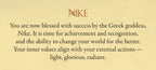 A text-based graphic with a warm beige background and a stylized red 'NIKE' logo at the top, followed by black text celebrating success and the Greek goddess Nike.