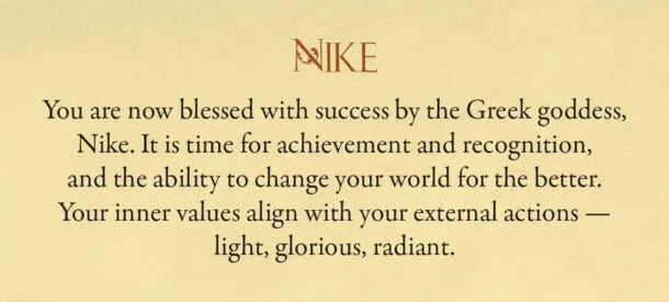 A text-based graphic with a warm beige background and a stylized red 'NIKE' logo at the top, followed by black text celebrating success and the Greek goddess Nike.
