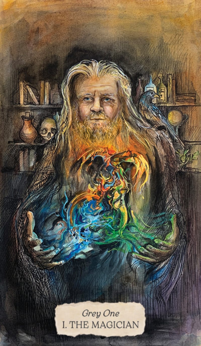 Illustration of a wizard with a beard holding a colorful creature, with 'Grey One' and 'The Magician' text at the bottom.