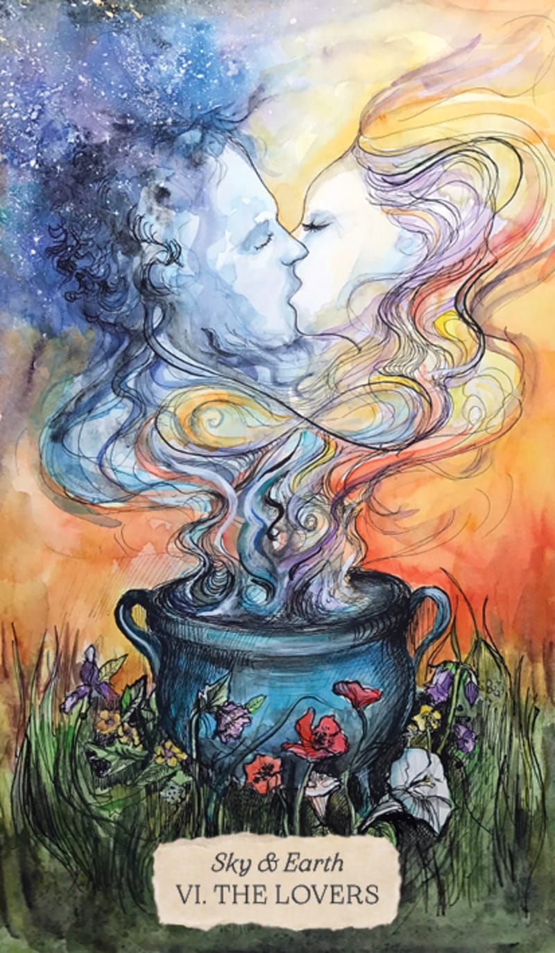 Artistic depiction of two faces merging with swirling colors above a pot, surrounded by flowers and grass.