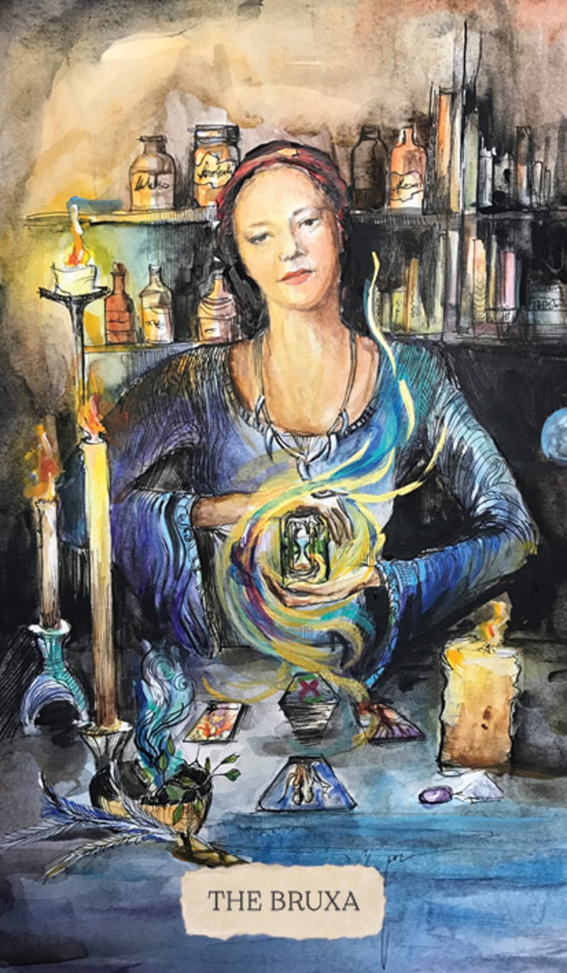 Artistic depiction of a woman labeled 'The Bruxa' surrounded by candles and bottles.
