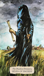 Dark figure holding a sword and a scroll in a landscape with 'The Shadow Emissary' and 'Seven of Swords' text.
