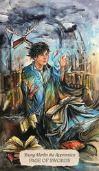 Illustration of a young Merlin with books and a sword, titled 'Page of Swords'.