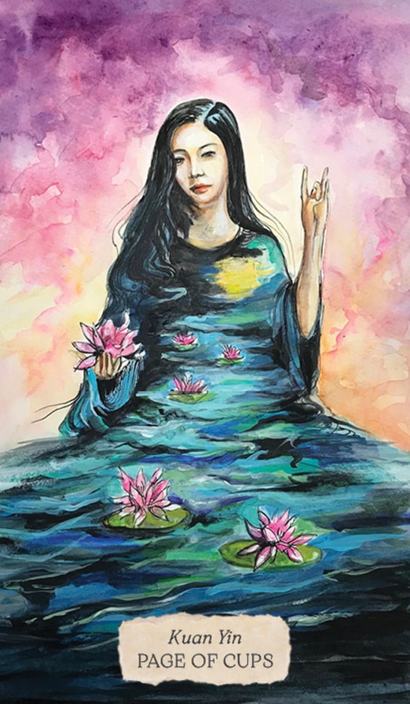 Artistic depiction of a figure holding water lilies with a colorful background, labeled 'Page of Cups' by Kuan Yin.