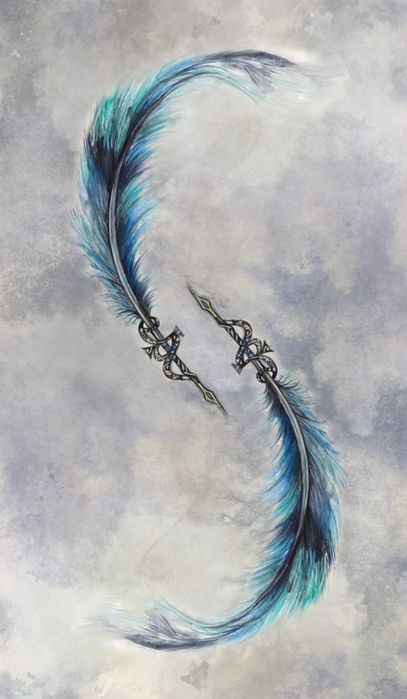 Decorative hair accessory with blue feathers and a silver cross on a textured gray background