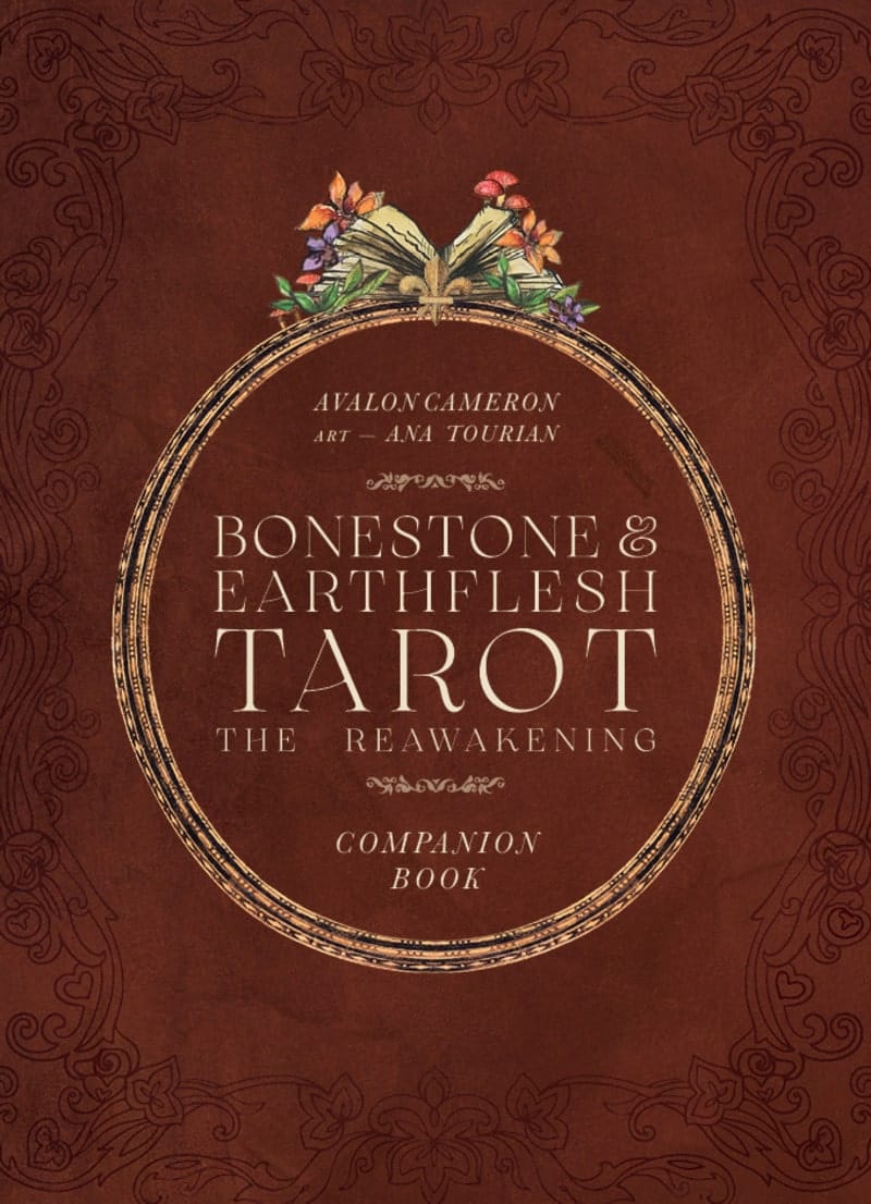 Cover of 'Bonestone & Earthflesh Tarot: The Reawakening' Companion Book with decorative elements on a brown background.
