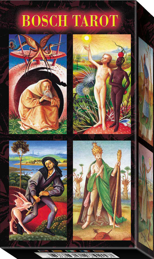 Bosch Tarot card set with four tarot cards displayed on a black background.
