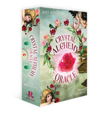 Crystal Alchemy Oracle book cover with floral design and illustrations on a white background