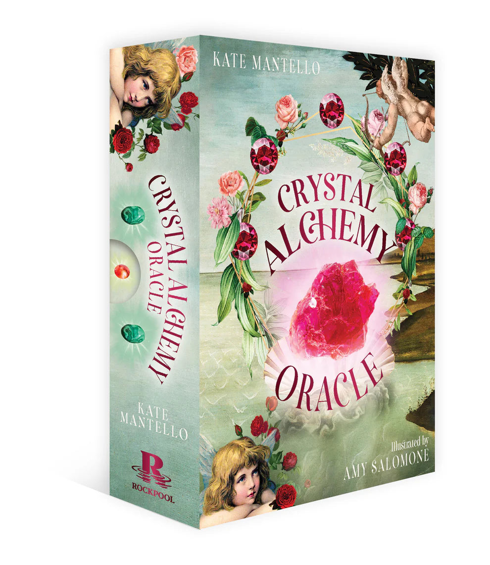 Crystal Alchemy Oracle book cover with floral design and illustrations on a white background