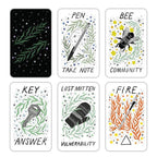 Set of six illustrated cards with text and symbols on a white background