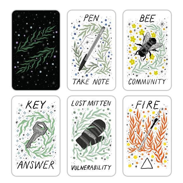 Set of six illustrated cards with text and symbols on a white background