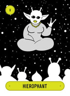 Illustration of an alien in a meditative pose with 'Hierophant' label on a starry background