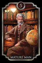 Man in a library with books and a globe, labeled 'Mature Man'.