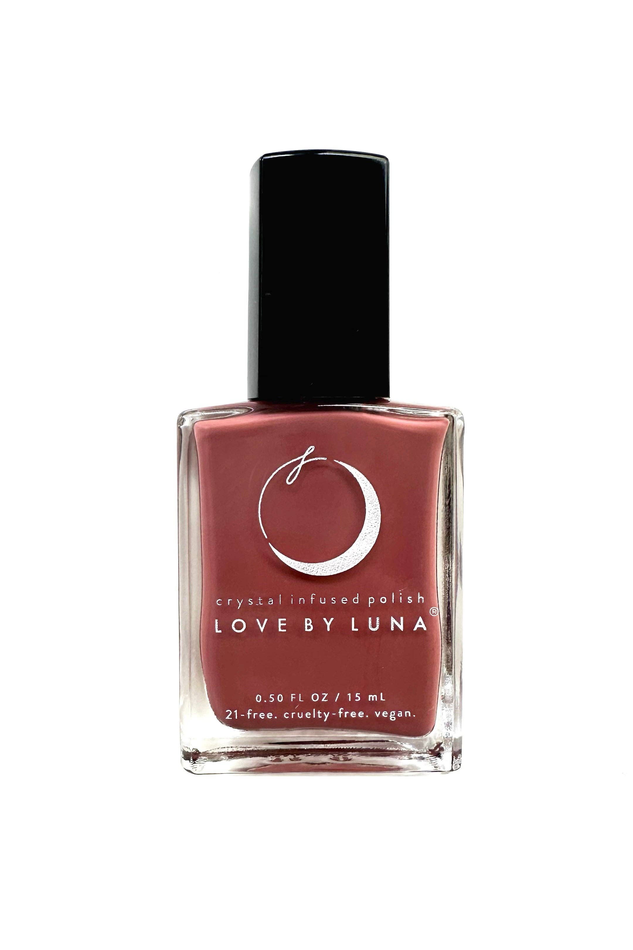 Nail polish bottle with 'Love by Luna' branding on a white background