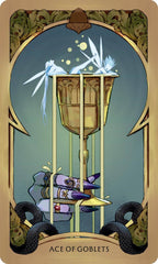 Ace of Goblets tarot card illustration featuring a golden goblet held by a purple hand, with white birds and gold coins above, set against a teal-blue background and an ornate gold border.