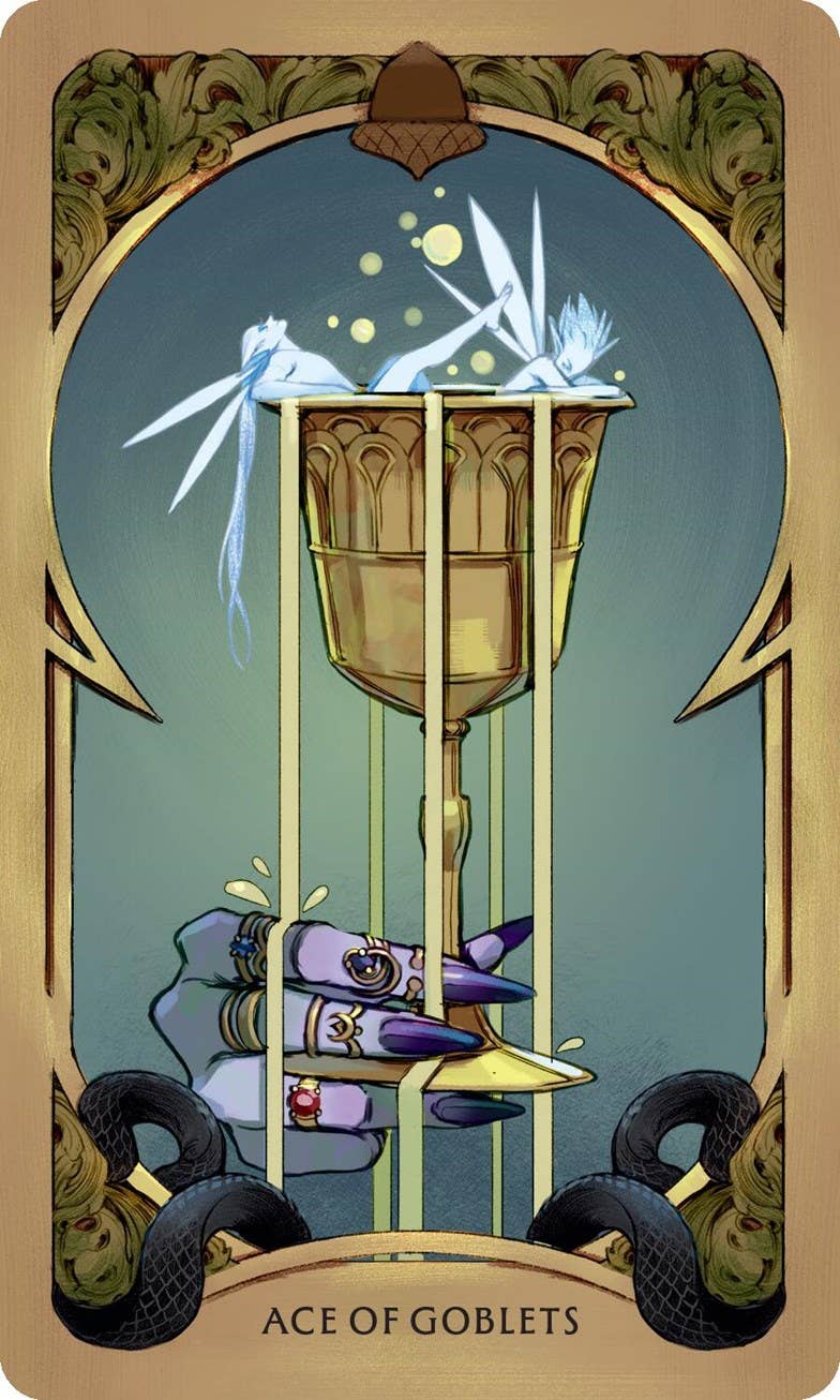 Ace of Goblets tarot card illustration featuring a golden goblet held by a purple hand, with white birds and gold coins above, set against a teal-blue background and an ornate gold border.