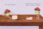 Two cartoon characters with red hats sitting at a table with cakes, with text about trying new things and being okay with not being good at them.