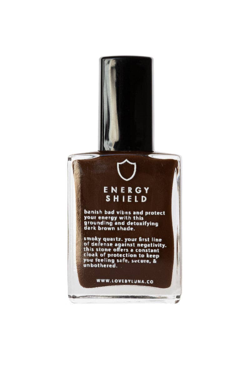 Bottle of 'Energy Shield' with a brown label on a white background