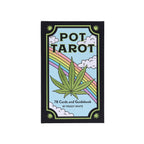 Pot Tarot card set packaging with cannabis leaf design on a white background