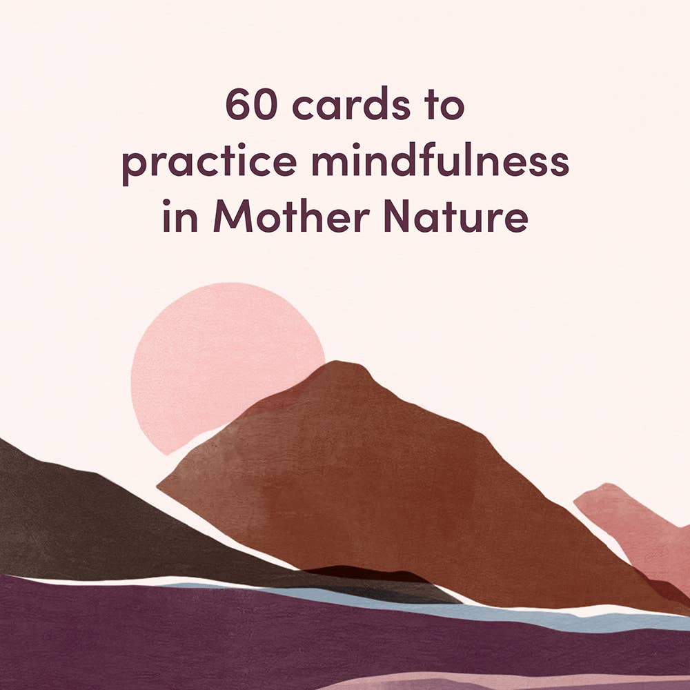 Book cover with mountain and sun illustration and text about mindfulness cards.