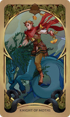 A tarot card titled 'KNIGHT OF MOTHS' featuring an illustrated knight in a red cape and brown armor riding a blue moth-like creature, framed by ornate gold borders.