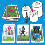 Tarot cards and candles on a blue background with colorful dots