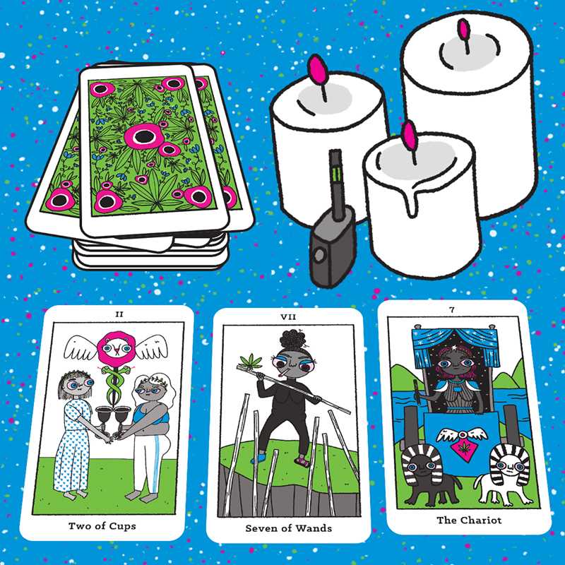 Tarot cards and candles on a blue background with colorful dots