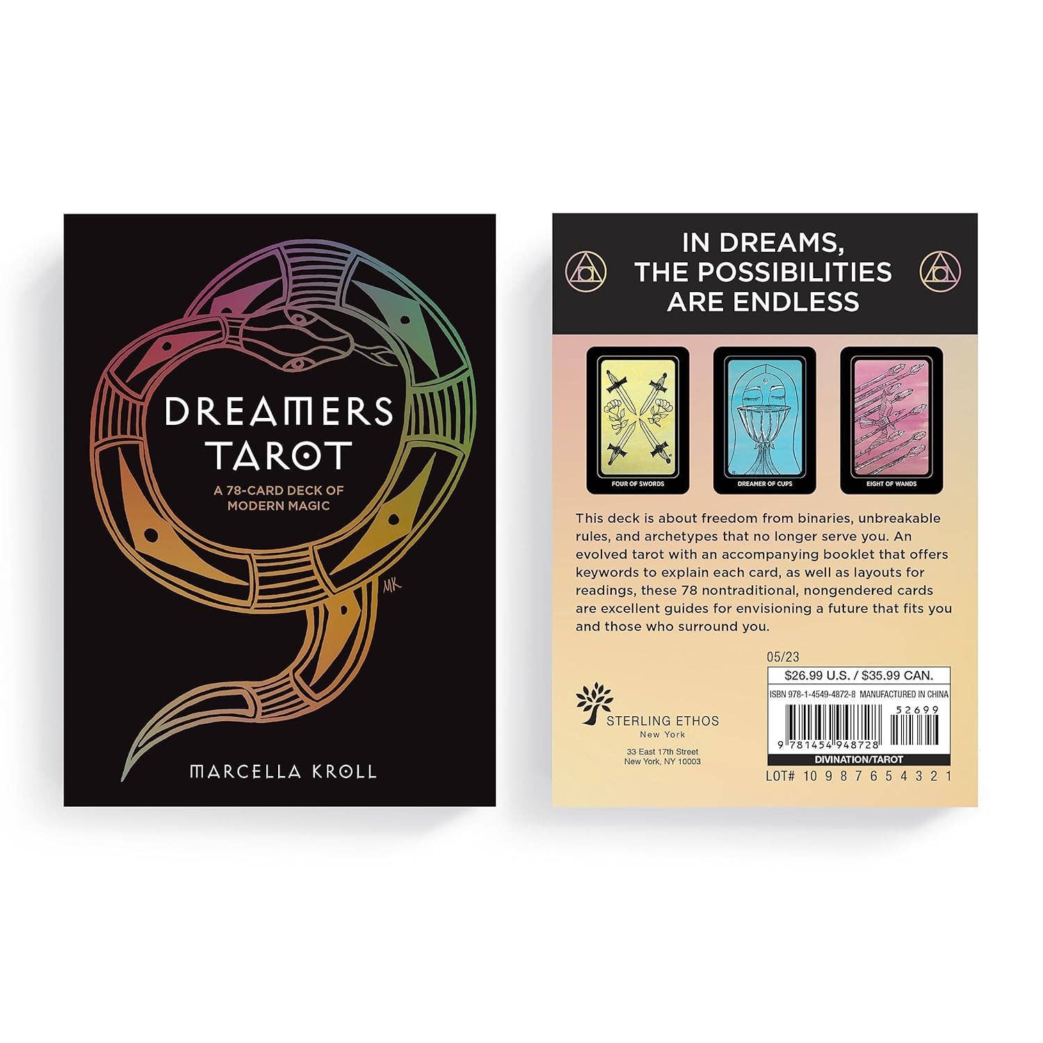 Dreamers Tarot card set packaging with text and branding.