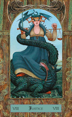 Tarot card featuring a figure with a dragon, labeled 'Justice', in an ornate frame.