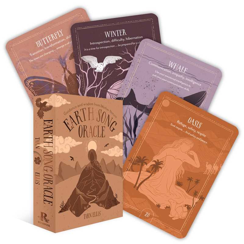 Set of oracle cards with nature-themed designs on a white background