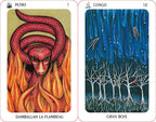 Two tarot cards titled 'Damballah La Flambeau' and 'Gran Bois' with artistic illustrations.