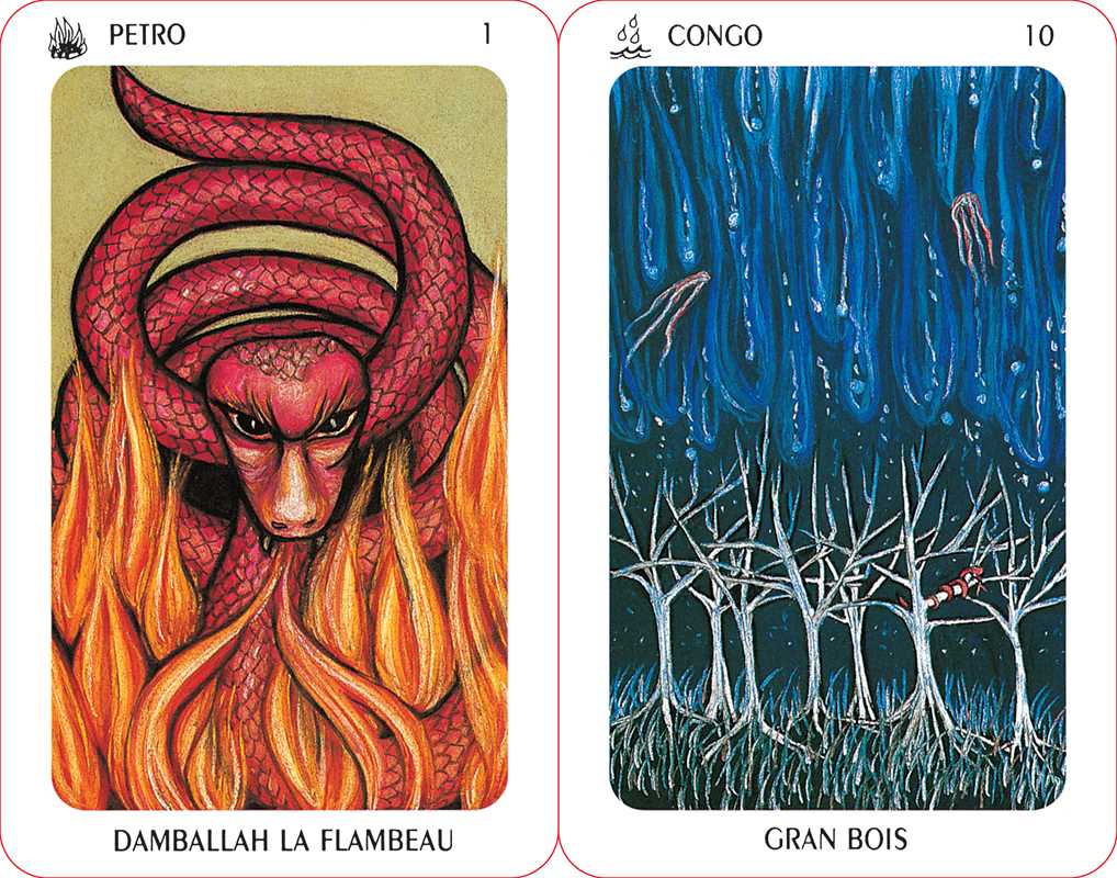 Two tarot cards titled 'Damballah La Flambeau' and 'Gran Bois' with artistic illustrations.