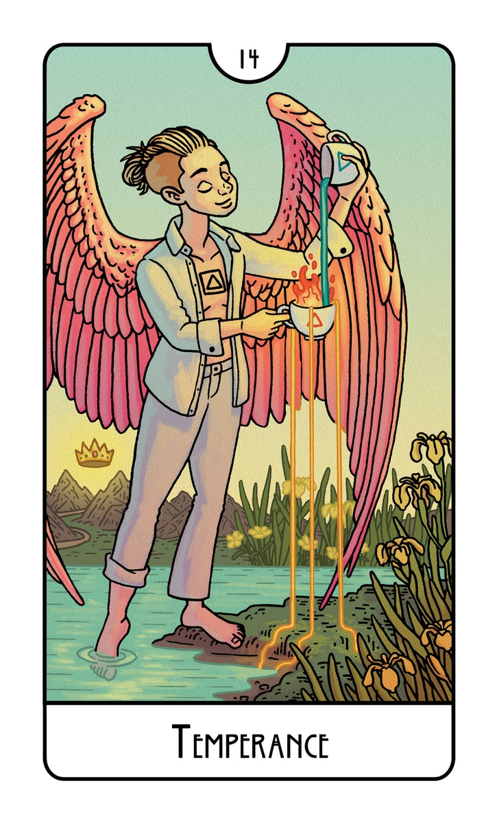 Tarot card titled 'Temperance' featuring a person with wings holding a pitcher.