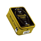 Yellow and black tin box for 'The Macabre Tarot' pocket edition on a white background