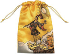 Yellow drawstring bag with a tarot card design featuring a person and landscape on a white background