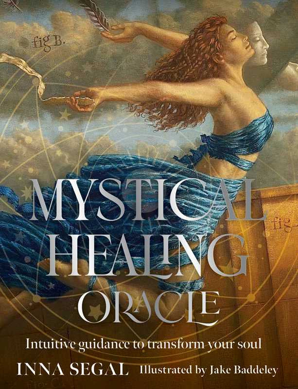 Book cover of 'Mystical Healing Oracle' with a woman in a blue dress holding a staff against a starry sky.