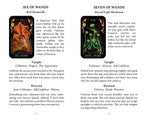 Two tarot cards titled 'Six of Wands' and 'Seven of Wands' with descriptions and meanings.