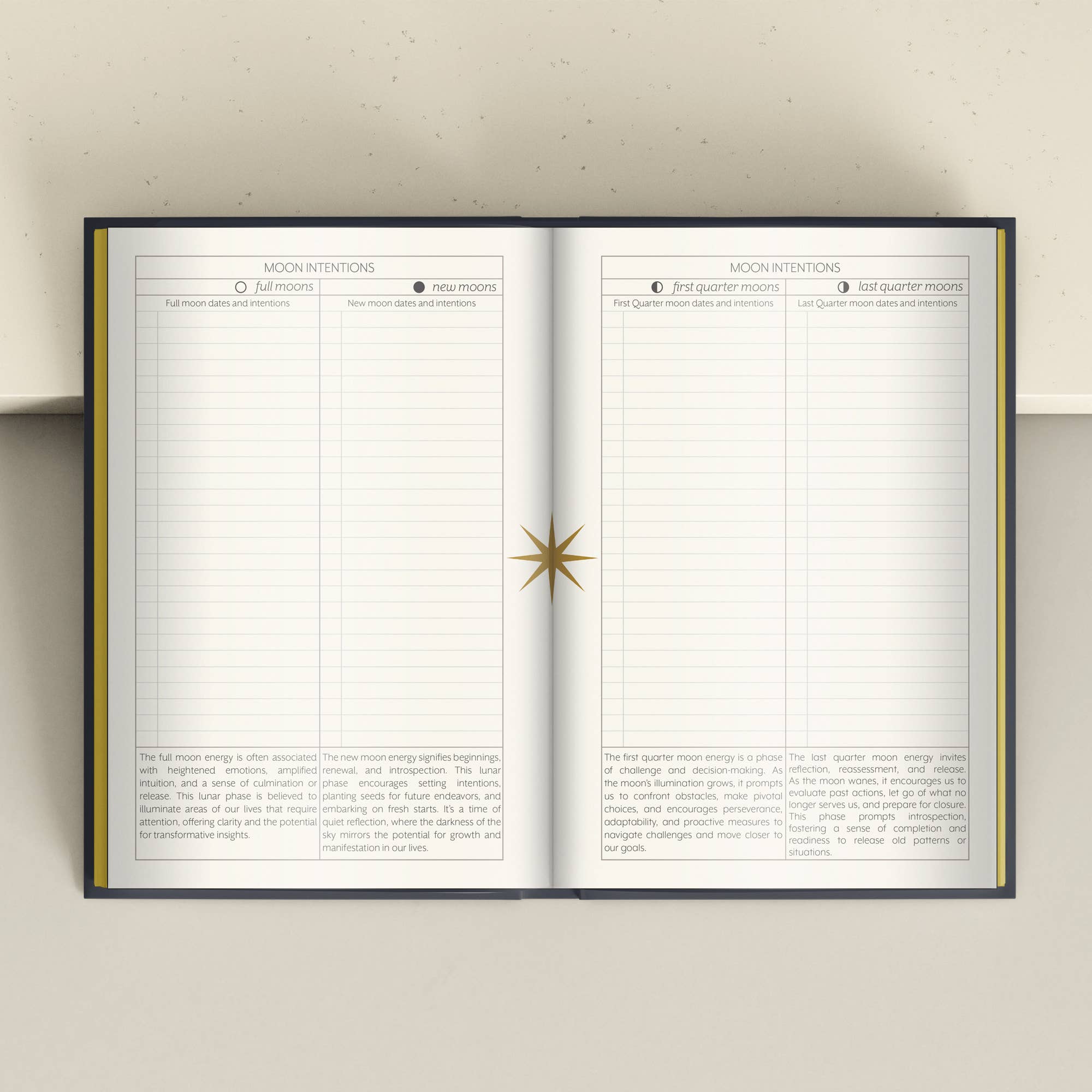 An open planner or notebook showing two lined monthly pages with moon intention columns, photographed from above on a light beige surface.