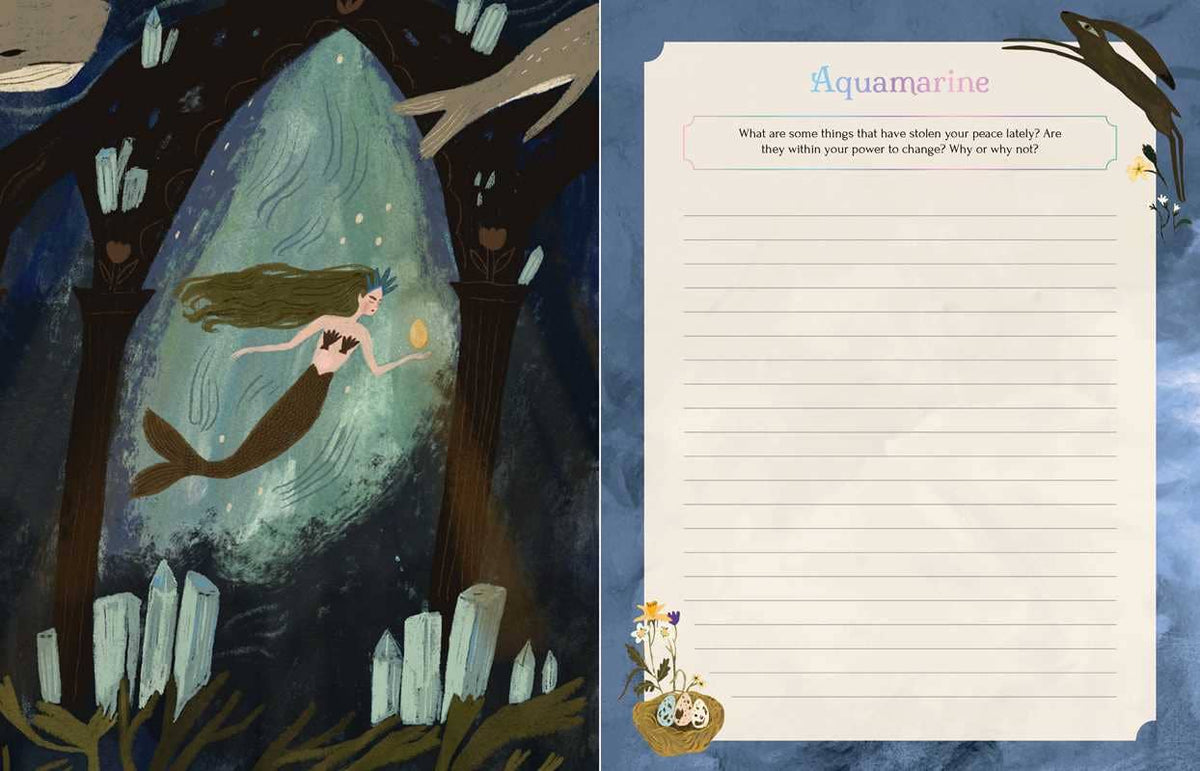 Illustration of a mermaid in a forest with a notepad titled 'Aquamarine'.
